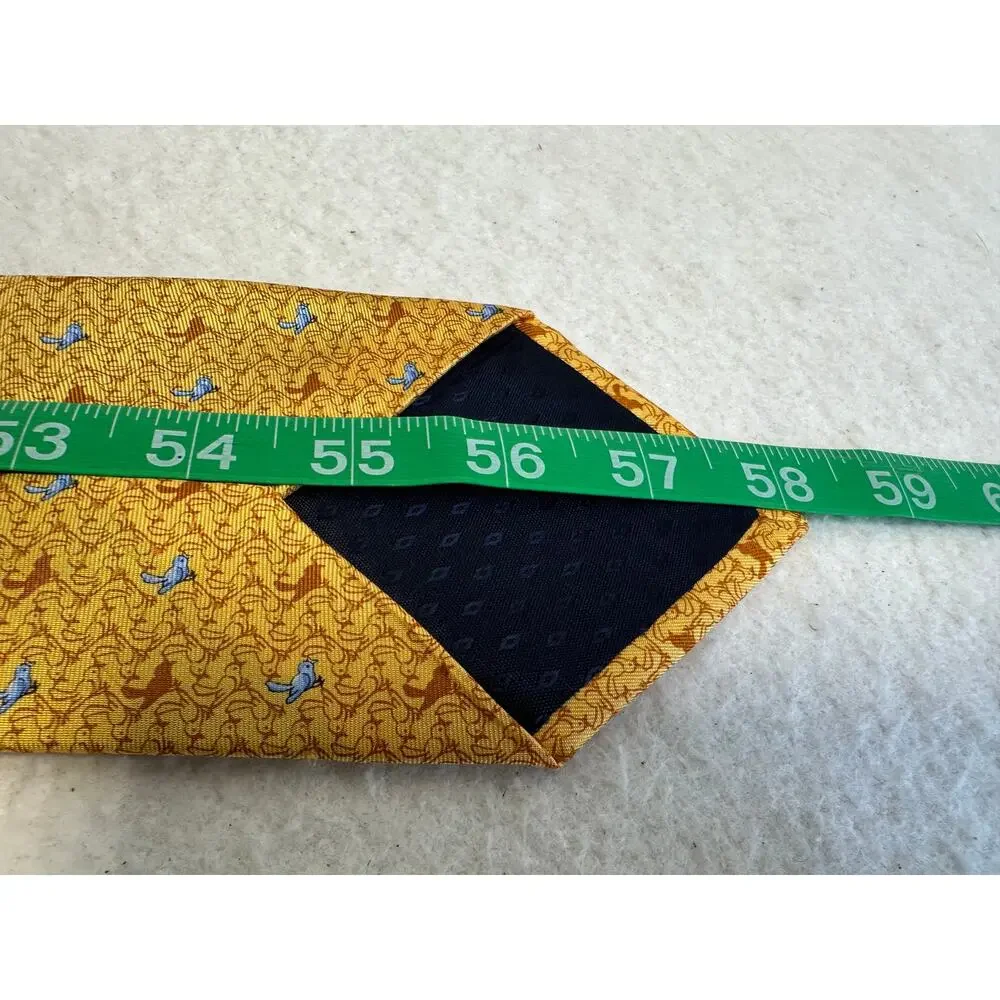 Tom James Executive Collection 100% Silk Tie Yellow with Rust and Blue Birds NWT